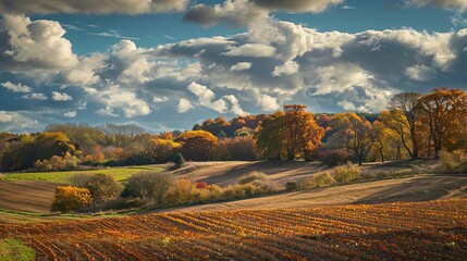 Obraz premium A rural landscape featuring crops and trees adorned in autumn colors, creating a picturesque scene of agricultural beauty and seasonal change.