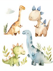 Watercolor of Minimalistic Baby Dinosaurs in Pastel Hues with Soft Lines and Airy Atmosphere