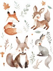 Fototapeta premium Whimsical Woodland Animals Watercolor for Children s Spaces