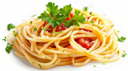 Spaghetti with sauce and parsley arranged neatly on a white background, presenting a simple and appetizing culinary composition.