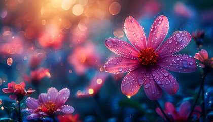 Pink flowers covered in water droplets glistening in the sun.