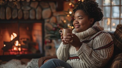 Plus-size woman in a cozy sweater, sipping hot cocoa by a fireplace