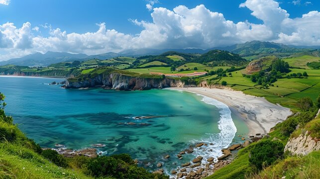 The view of Playa de Ribadesella on the Green Coast of Asturias, Northern Spain, features white sandy beaches, cliffs, hidden caves, lush green fields, and towering mountains.