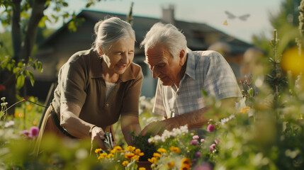 Under the warm afternoon sun, a senior couple enjoys their time tending to a flourishing garden. They work side by side, planting vibrant flowers and pruning bushes. The garden is a haven of color and