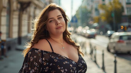 Fototapeta premium Plus-size woman in a fashionable dress, posing on a city street