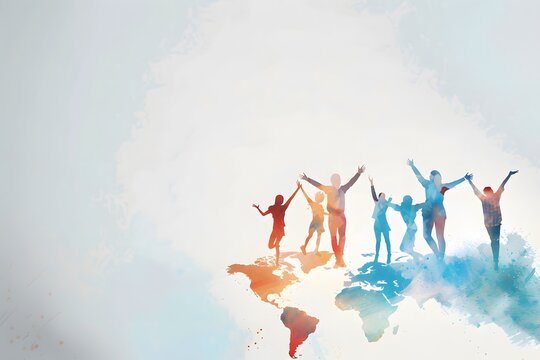 Silhouettes of diverse people celebrating unity and diversity on a world map background.