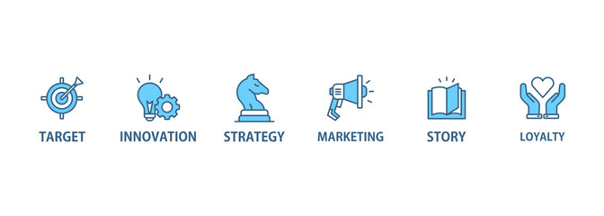 Branding banner web icon vector illustration concept with icon of target, innovation, strategy, marketing, story, advertising, awareness, quality and loyalty