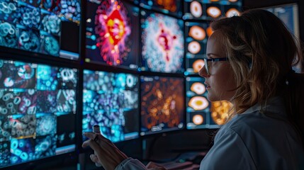 Fototapeta premium A team of biologists working in a lab, discussing their research and analyzing data on multiple screens.