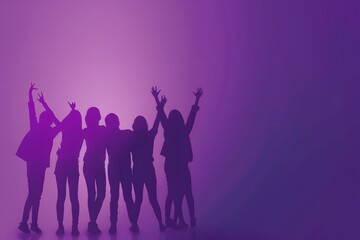 Silhouettes of a group of friends celebrating against a vibrant purple background.