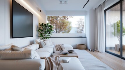 A minimalist white home theater with plush couches and recessed lighting.