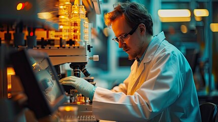 Fototapeta premium A lab technician using a spectrophotometer to measure the absorbance of samples, focusing on the precision of the technique.