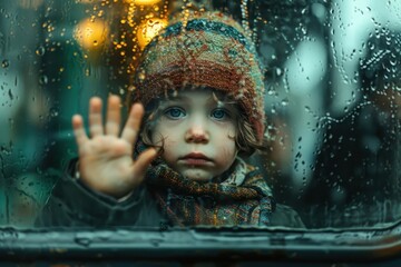 Child waving goodbye from a train window.