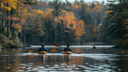 Autumn in the park with a serene lake, reflections of trees, and a peaceful boat ride
