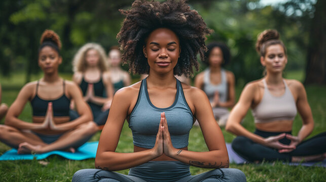 A young couple practices yoga outdoors on a green park lawn