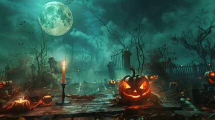 Halloween Day. Halloween pumpkin head jack lantern with burning candles, Spooky Forest with a full moon and wooden table, Pumpkins In Graveyard In The Spooky Night - Halloween Backdrop. 