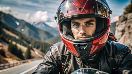 close up photo of cool biker a young man in a red