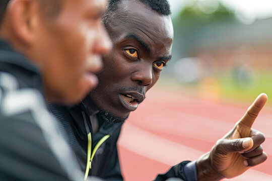 Track and field coach instructing an athlete, highlighting training and mentorship