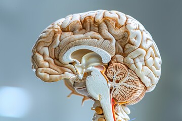 Human brain with mechanical elements in a detailed sci fi digital illustration