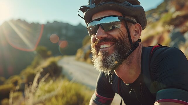 Cheerful bearded man in activewear, black helmet and sport glasses sitting on bike and looking on camera with beautiful nature around