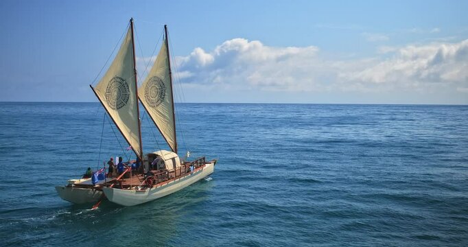 Beautiful tonga boat near Hawaiian island - drone shot