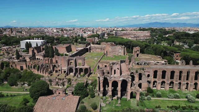 Rome , Italy - may 2 2024 Drone Shot flying away from Palatine Hill, Ancient Roman Colosseum