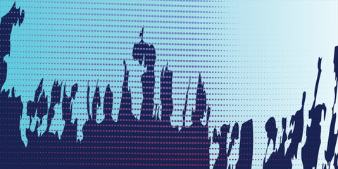 Halftone wave lines texture. White dotted stripes on light blue sky background.  Vector grunge design template.