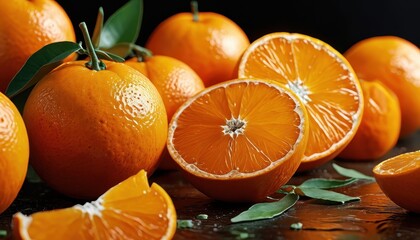 Fresh juicy oranges with leaves on a dark background.