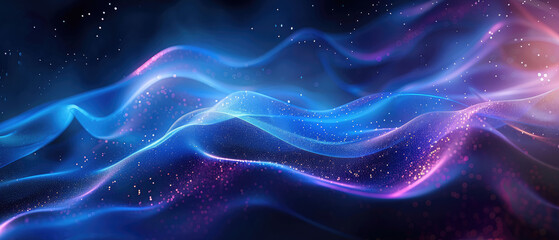 Fototapeta premium Abstract purple blue energy wave flowing fast with blue light curve lines and stripes, gradient light effect, dynamic blur for futuristic advanced technology on dark background