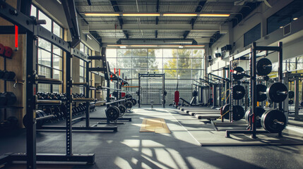 Fitness Club Interior with Weight Bars and Racks