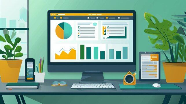 Flat of a laptop and mobile phone for a business concept, showcasing responsive web design with icons