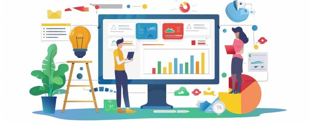 Fototapeta premium Effective innovation monitoring, flat design, side view, business theme, water color, Split-complementary color scheme