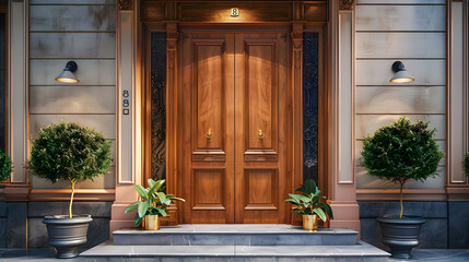 Modern Clean light brown entrance door and potted plant what is hide the real luxury interior	
