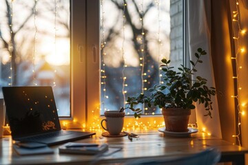 Minimalist desk setup with holiday lights in the background, clear space ready for Christmas decorations