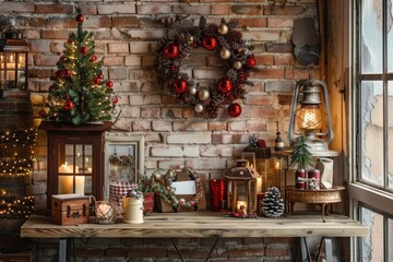 Home office desk with a few holiday items and a clear area for more decorations