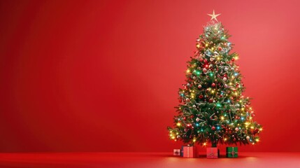 Festive Christmas tree with twinkling lights, seasonal illustration, pastel colors, red canvas background, isolated on white background