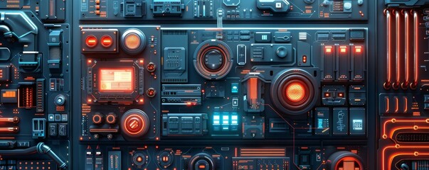 Fototapeta premium Future of technology programs, flat design, top view, equipment theme, 3D render, Triadic Color Scheme