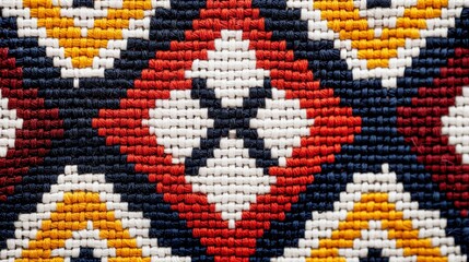 Ethnic-inspired geometric fabric design in cross stitch, with vibrant colors and intricate patterns