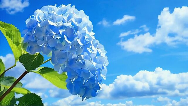 風に揺れるアジサイと青空