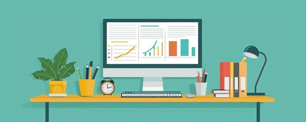 Optimized financial programs, flat design, front view, success theme, cartoon drawing, colored pastel