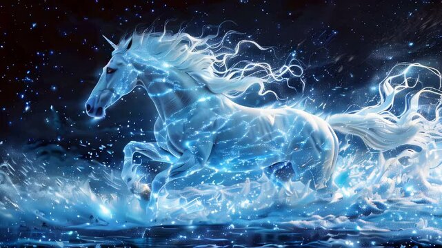 Glowing unicorn running through water