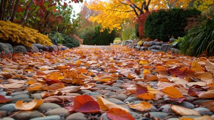 A stone path lined with lush greenery is covered in a blanket of fallen leaves, showcasing the vibrant colors of autumn. The leaves are a mix of yellows, oranges, reds, and browns, creating a beautifu