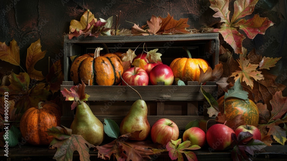 Aufkleber A wooden crate sits on a rustic surface with a collection of fall produce inside. The crate contains two pumpkins, two pears, and four apples. The crate is surrounded by autumn leaves.