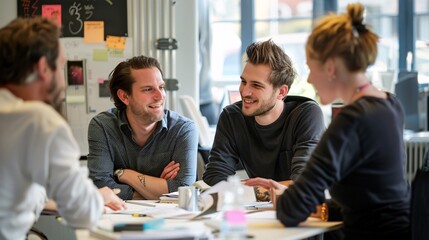 Innovative team of professionals discussing ideas in a modern office with digital tools