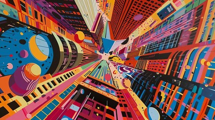 Using a worms-eye view, illustrate a vibrant cityscape with bold geometric shapes and bright colors in a pop art style,