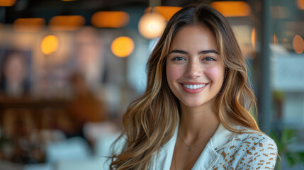 smiling and beautiful young blonde colombian woman wearing business attire with modern coworking office background in business environment during day time