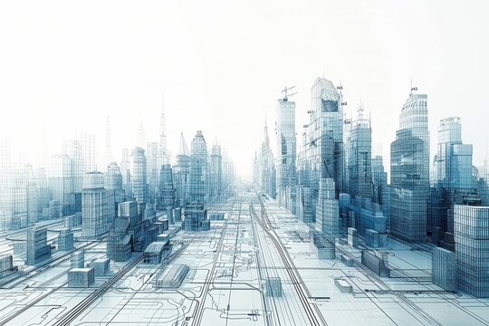 Futuristic cityscape rendered in wireframe.
