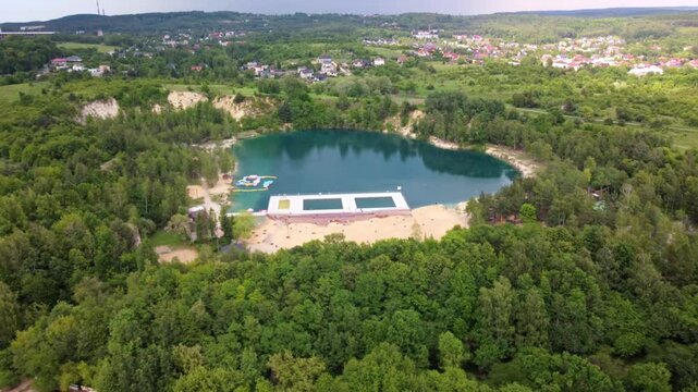 Balaton Bathing Area - Natural Swimming Pool In Trzebinia, Poland - Aerial Drone Shot