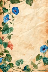 Watercolor vintage scrapbook junk journal page, copy space in center, watercolor clipart of cheerful morning glory vines on parchment paper, for Junk Journal, Digital Paper, Printable