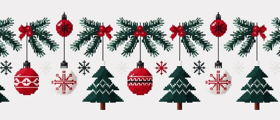 Festive holiday cross-stitch border with Christmas trees, ornaments, and snowflakes