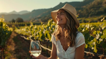 Woman enjoying a wine tasting tour in a beautiful vineyard after work